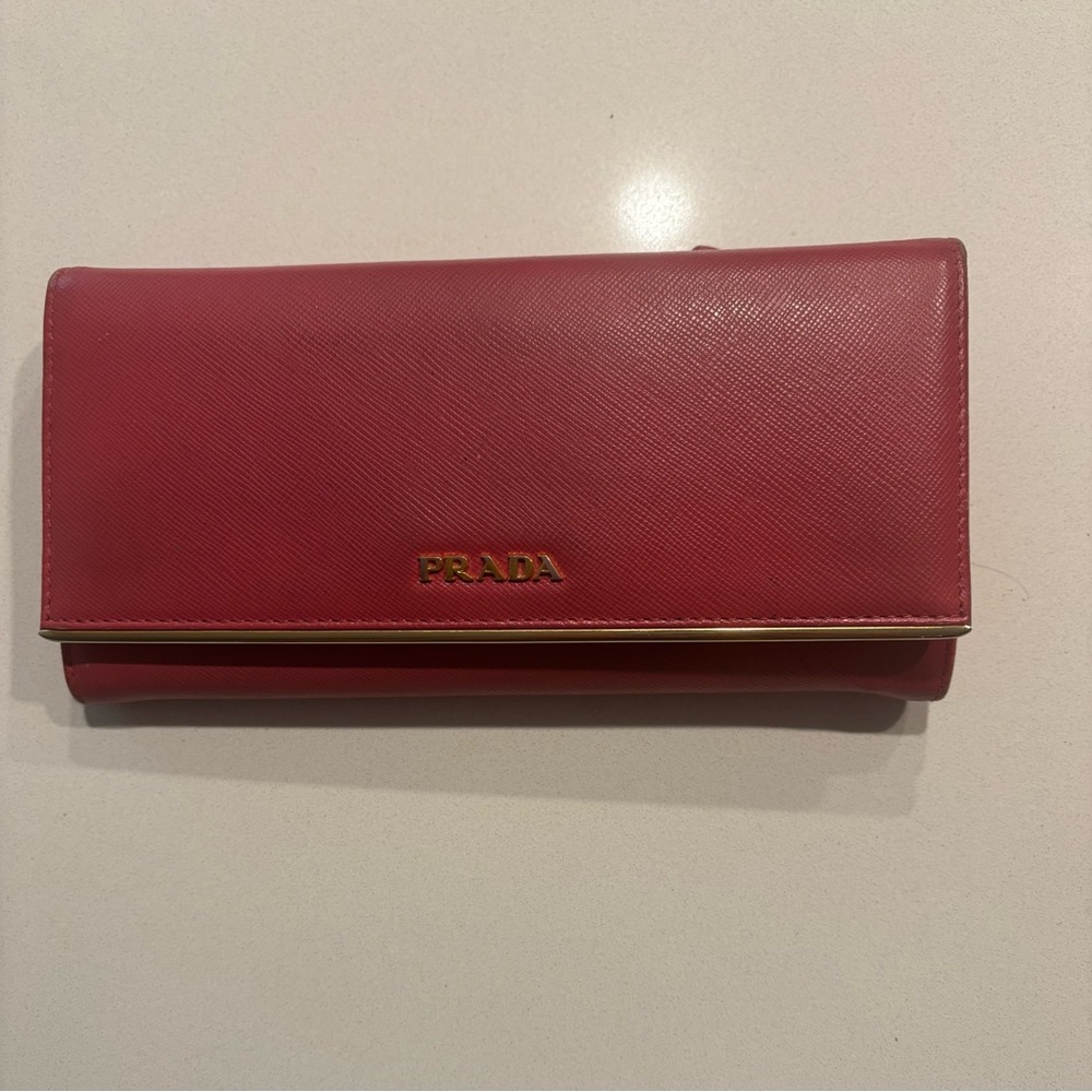 Prada Maroon Pink Saffiano Continental Wallet with Gold Logo